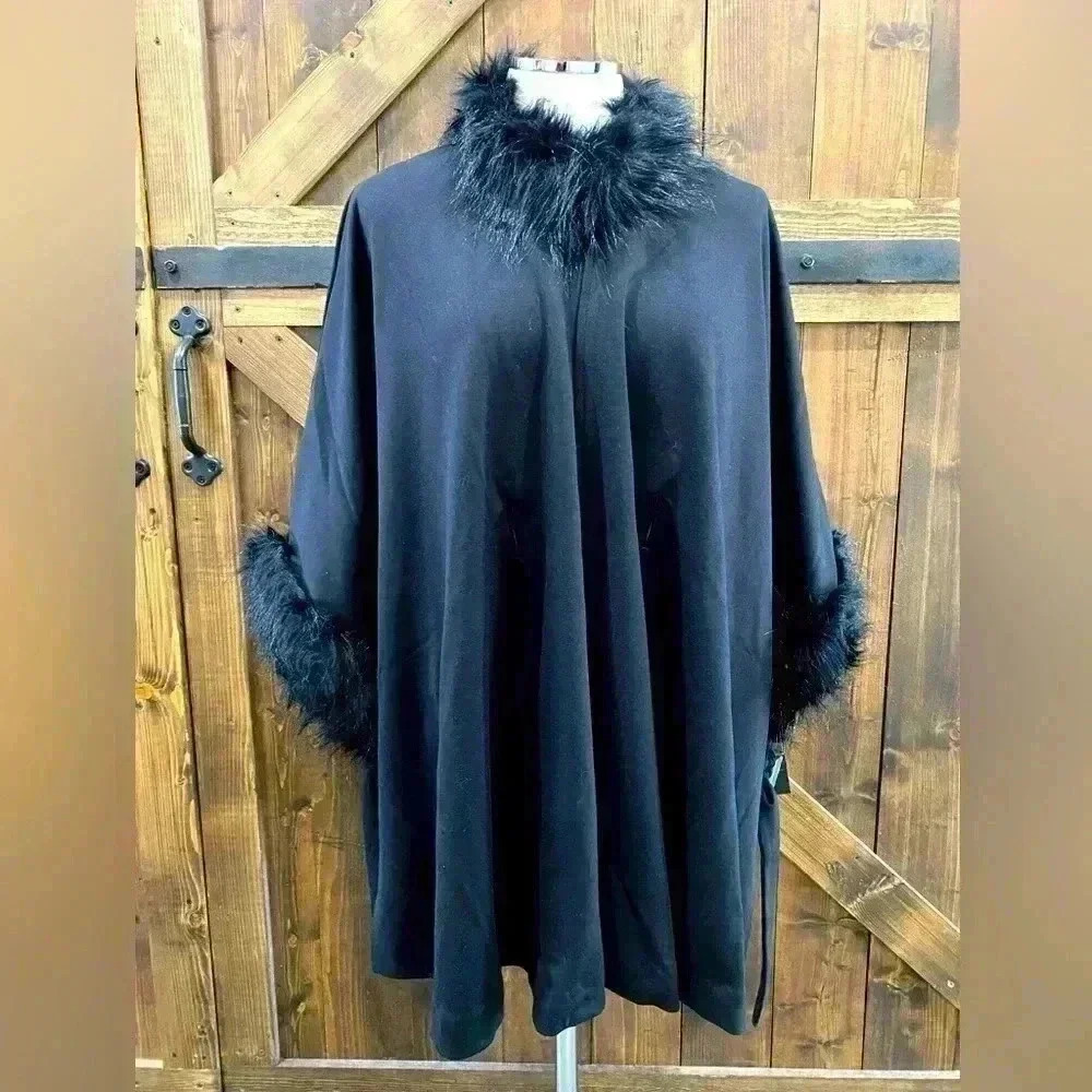 Nwt Adrienne Landau Black Faux Fur Belted Coat Os (One Size) Plus